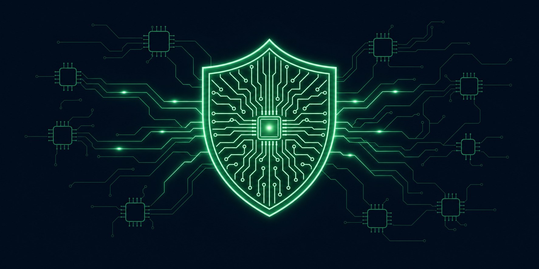 Illustration of the Calverix shield emblem glowing at the center of a circuit network, powered by pulses of light traveling in from microchips at the edges
